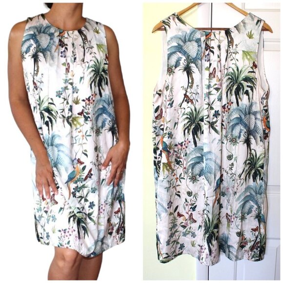 H&M summer floral Peplum tropical dress bird print macaws & butterflies Size 12 - Picture 1 of 14